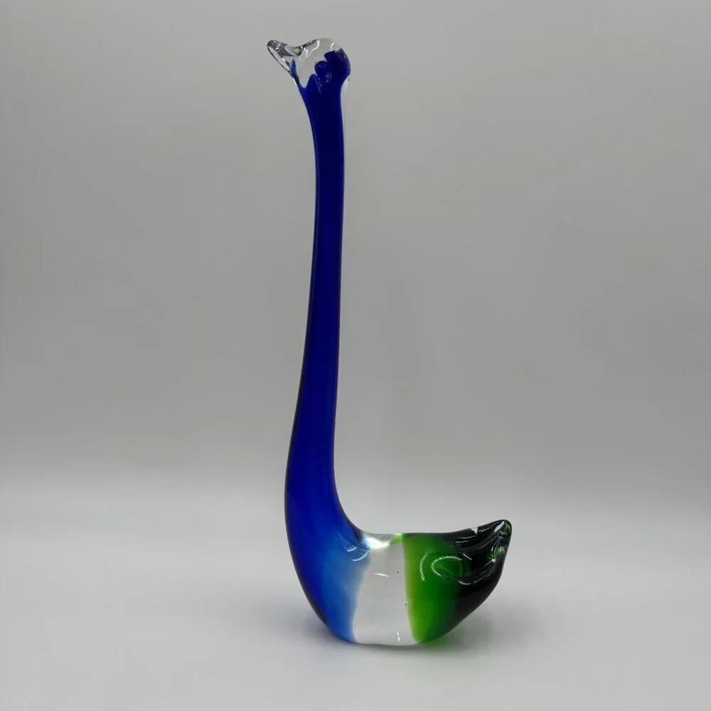 Vintage Blue Green Art Glass Long Neck Swan Figurine 13